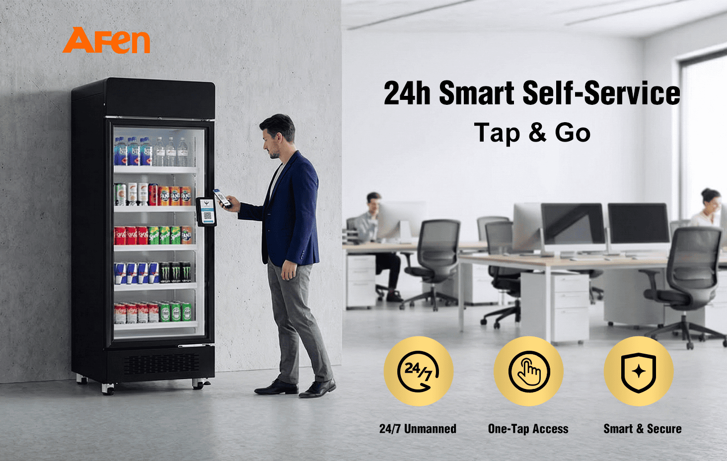 Tủ lạnh thông minh AFEN 510 cung cấp giải pháp bán lẻ tự động 24/7 đa năng cho văn phòng và phòng tập thể dục.